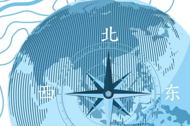 the globe in blue colours with a compass with cardinal points in Chinese. Illustration