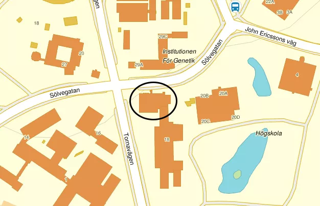map where Sölvegatan 18B, Lund, is marked